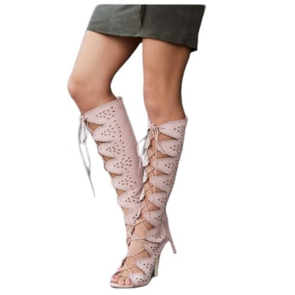 Shoe Dazzle Meggy Knee High Blush Pink Stiletto Laser Cut Peep Toe Boot Size 7 - Picture 1 of 4